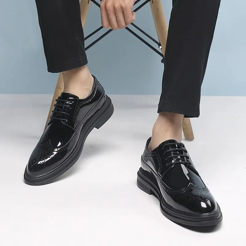 Men's Patent Leather Dress Shoes, Male Brogues Comfortable Cap Toe Leather Flexible Breathable Flat Heel Lace-Up Shoes