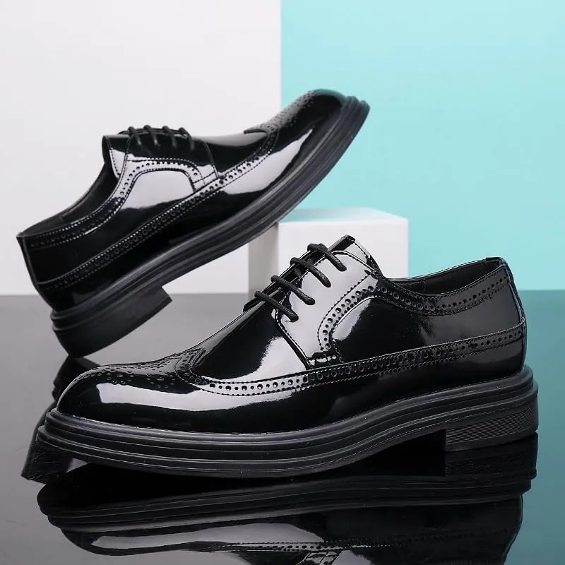 Men's Patent Leather Dress Shoes, Male Brogues Comfortable Cap Toe Leather Flexible Breathable Flat Heel Lace-Up Shoes