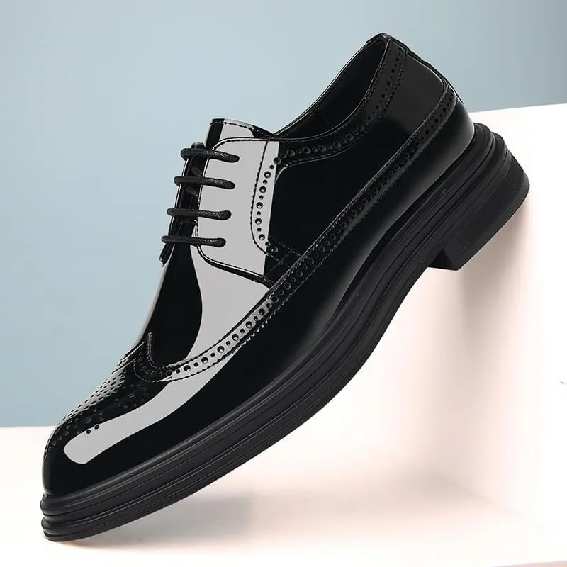 Men's Patent Leather Dress Shoes, Male Brogues Comfortable Cap Toe Leather Flexible Breathable Flat Heel Lace-Up Shoes