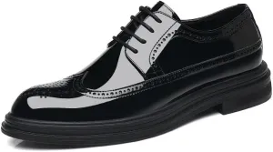 Men's Patent Leather Dress Shoes, Male Brogues Comfortable Cap Toe Leather Flexible Breathable Flat Heel Lace-Up Shoes