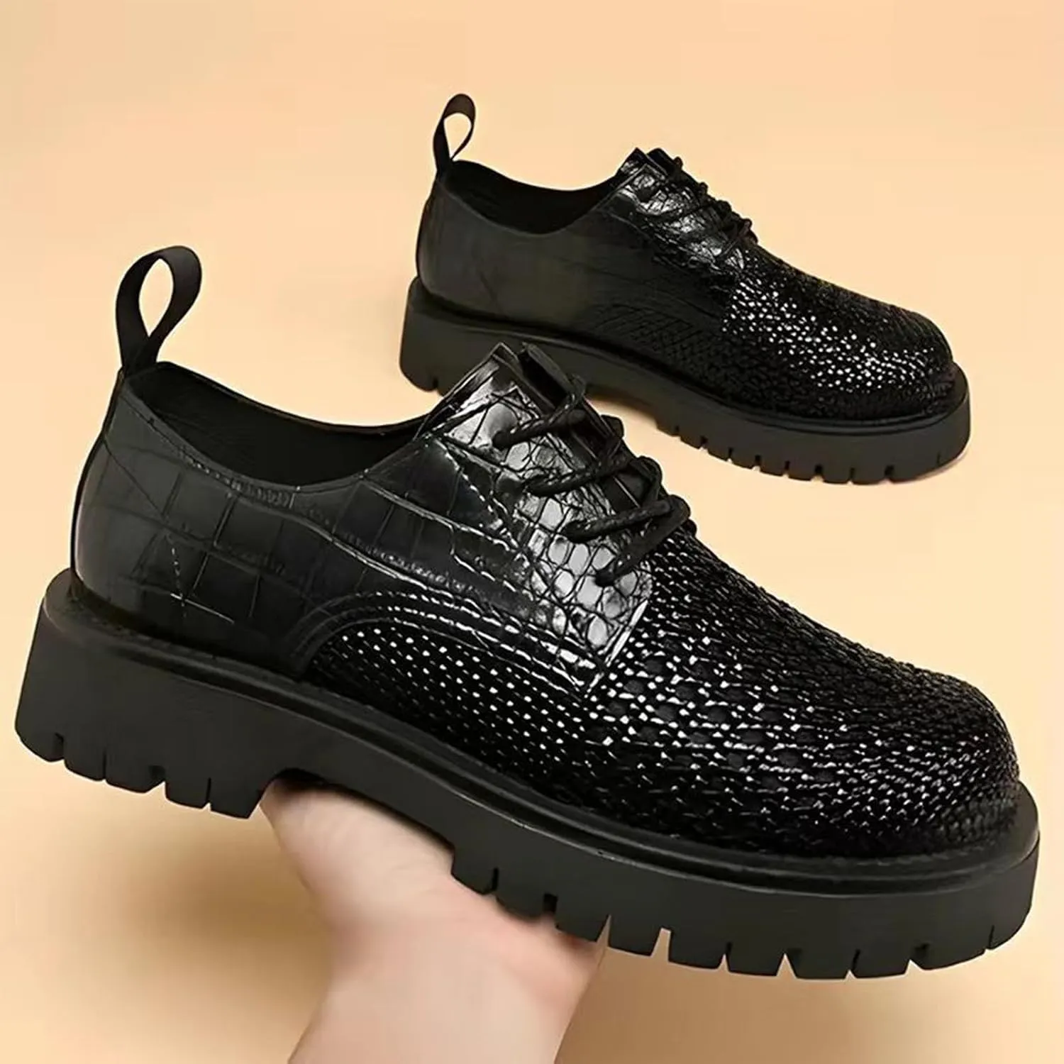 Men's PU Leather Cutout Breathable Dress Shoes Business Fashion Wedding Shoes Comfortable Pointed Toe Oxford Shoes Modern Formal Woven Leather Oxfords