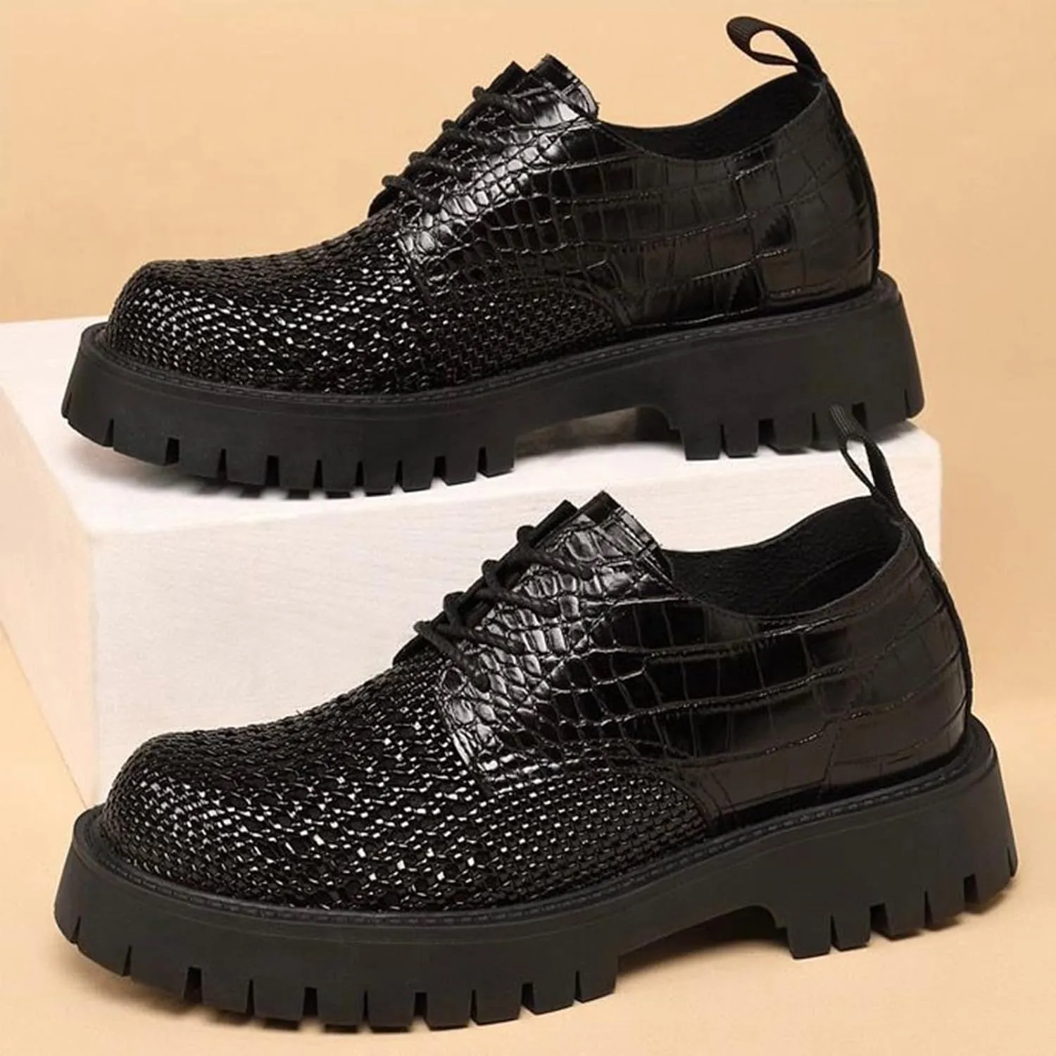 Men's PU Leather Cutout Breathable Dress Shoes Business Fashion Wedding Shoes Comfortable Pointed Toe Oxford Shoes Modern Formal Woven Leather Oxfords