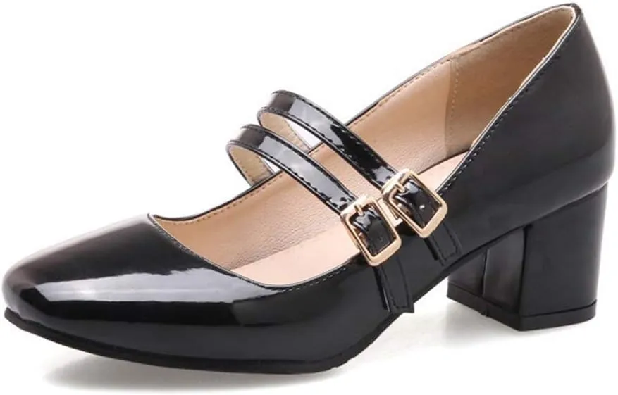 MIOKE Women's Mary Jane Pump Oxford Square Toe Patent Leather Buckle Strap Chunky Mid Heel Retro Dress Shoes Black