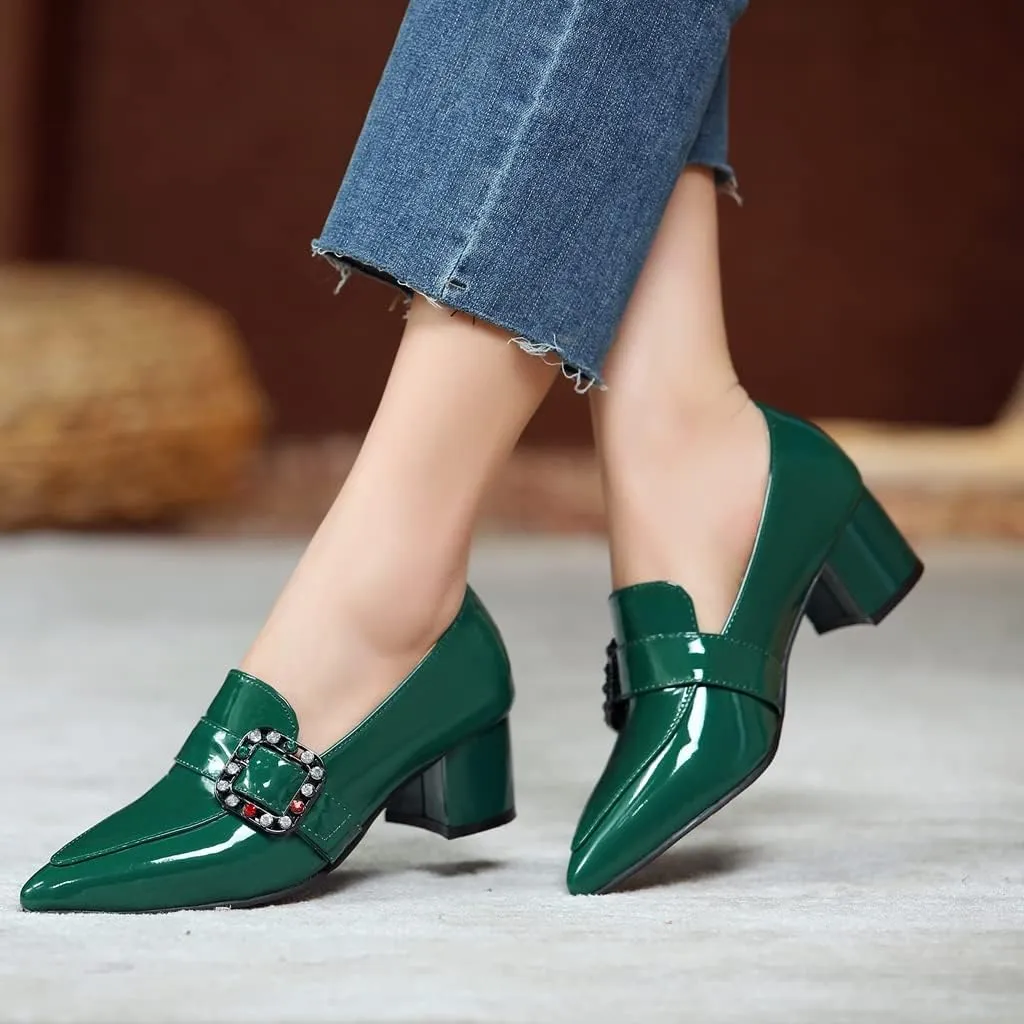 MIOKE Women's Western Buckle Oxford Pumps Square Toe Patent Leather Chunky Low Heels Classic Dress Shoes