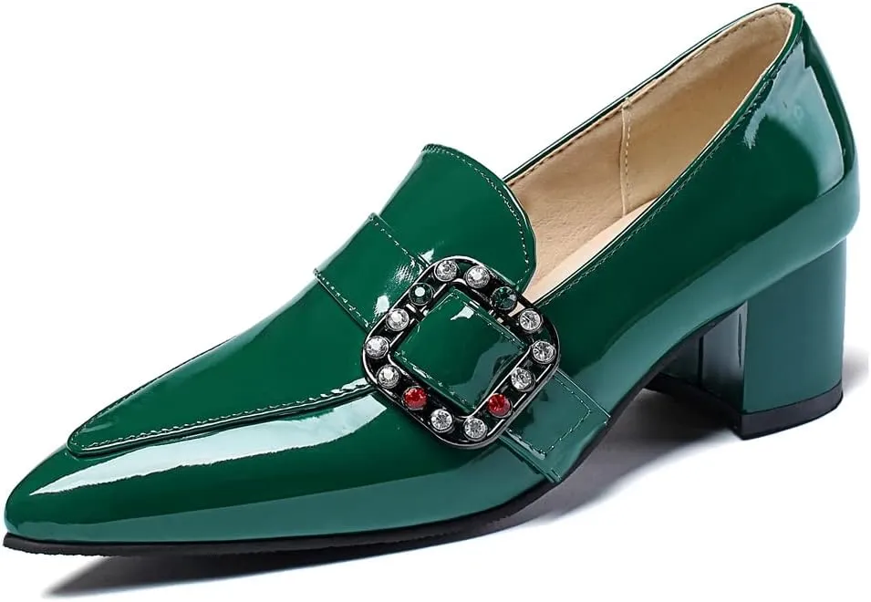 MIOKE Women's Western Buckle Oxford Pumps Square Toe Patent Leather Chunky Low Heels Classic Dress Shoes