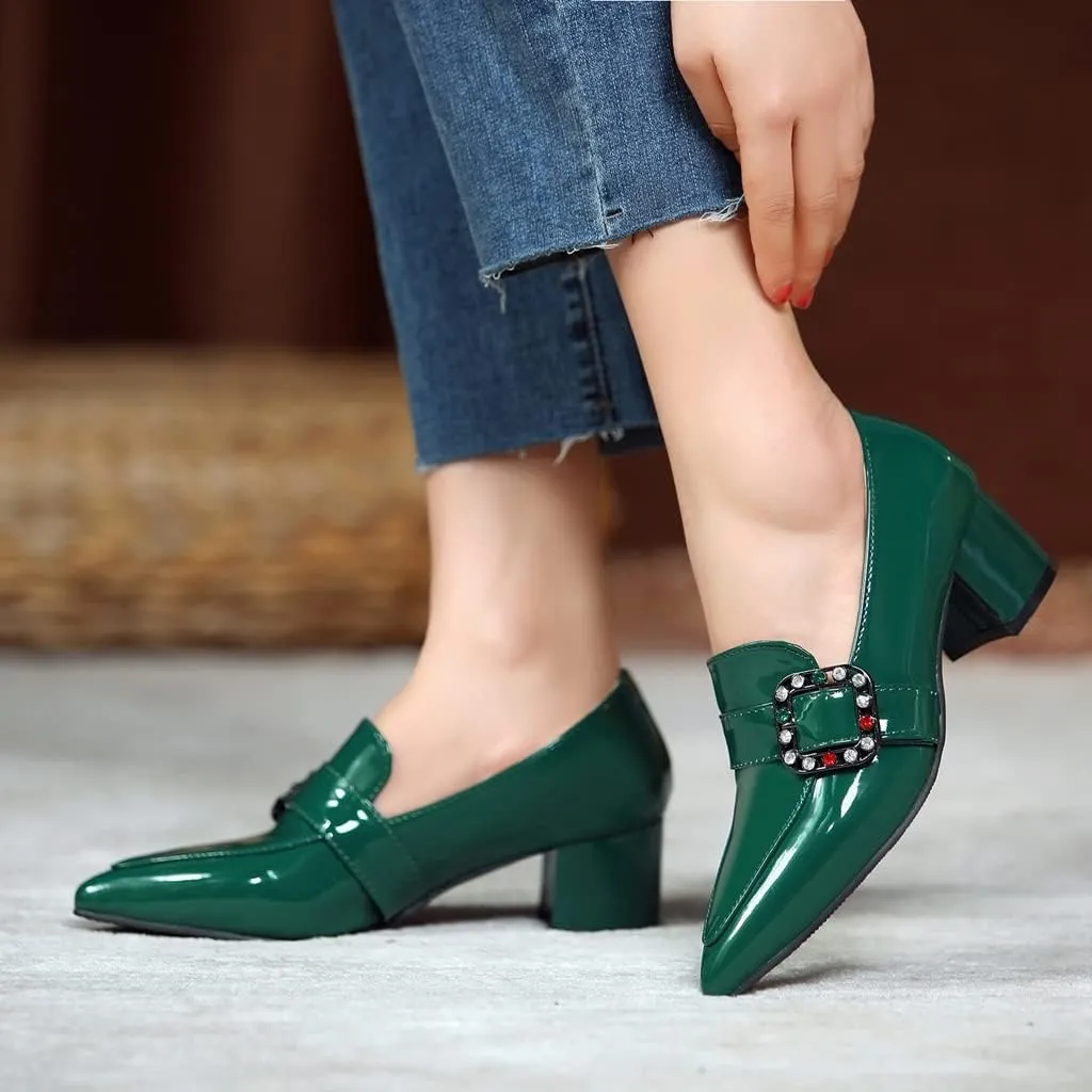 MIOKE Women's Western Buckle Oxford Pumps Square Toe Patent Leather Chunky Low Heels Classic Dress Shoes