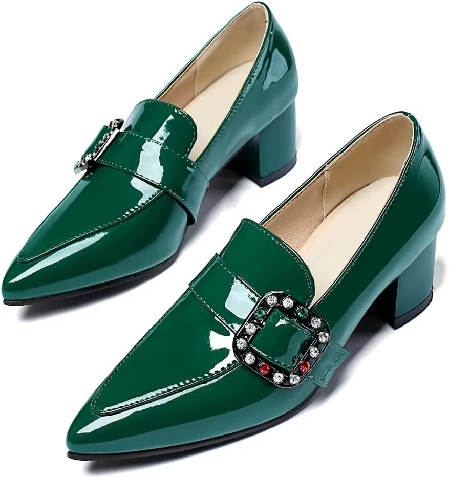 MIOKE Women's Western Buckle Oxford Pumps Square Toe Patent Leather Chunky Low Heels Classic Dress Shoes