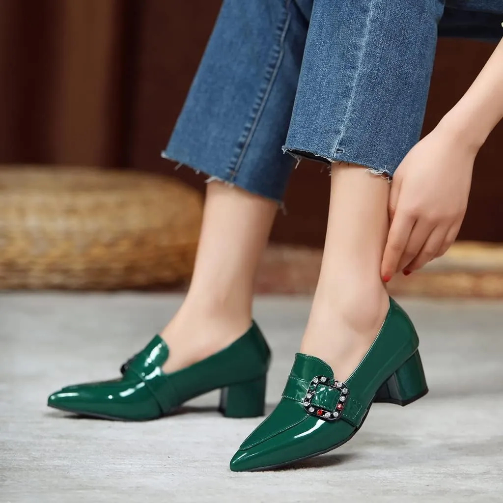 MIOKE Women's Western Buckle Oxford Pumps Square Toe Patent Leather Chunky Low Heels Classic Dress Shoes