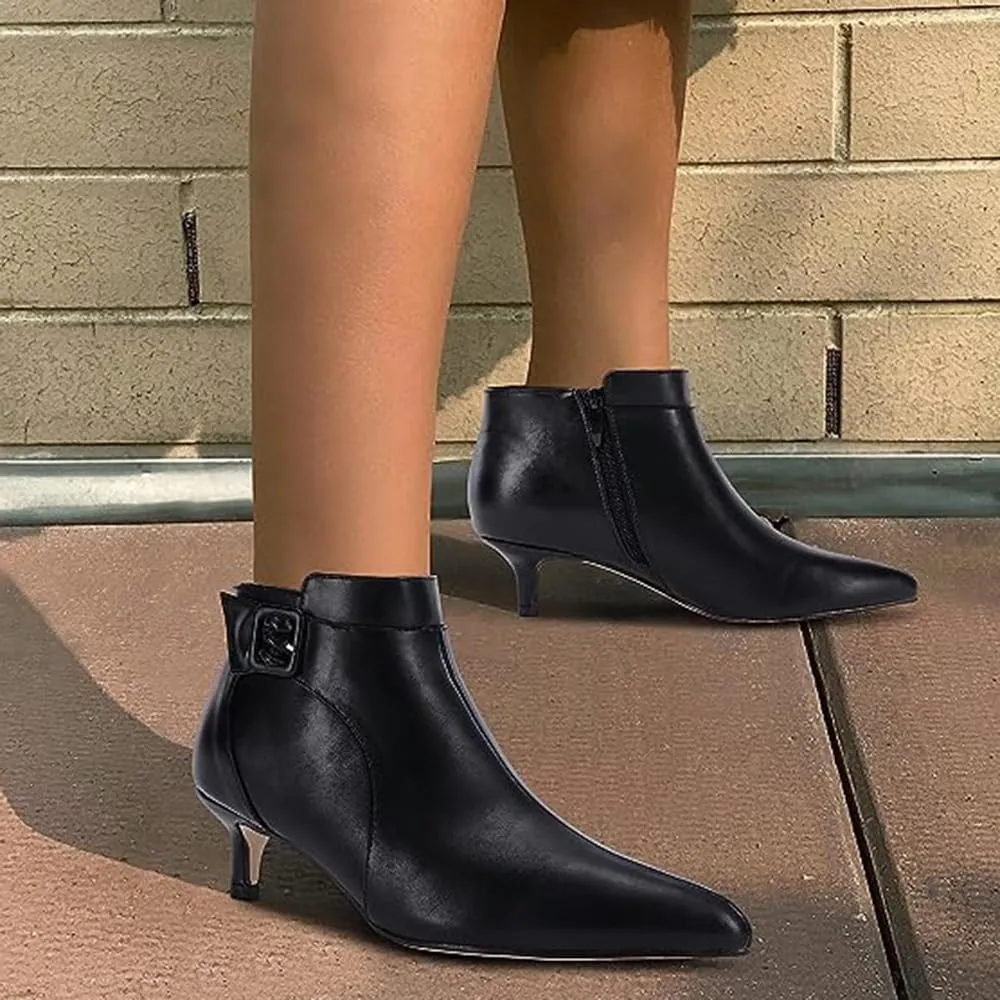 MOOMMO Women Low Kitten Heel Suede Ankle Boots Bow Pointed Closed Toe Zipper Chelsea Boots 2" Heels Buckle Strap Faux Suede Boot Zip Up Short Dress Booties Fall Office Wedding Comfy Cute 4-11 M US