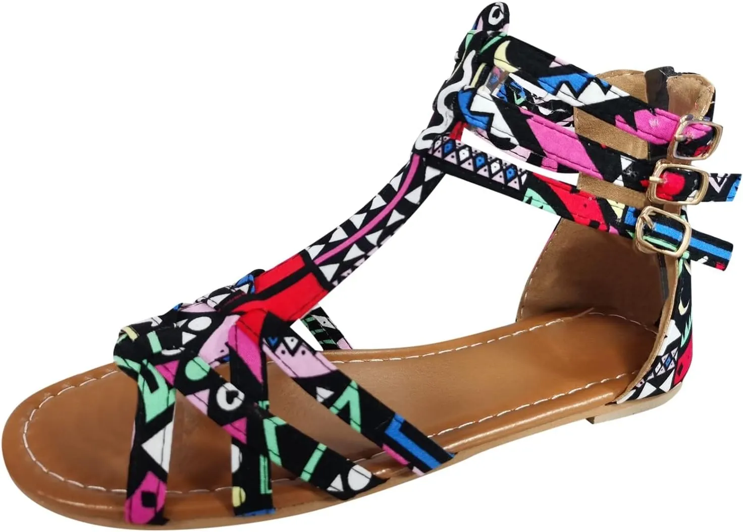 Multicolor Flat White Sandals for Women Peep toe Snakeskin Print Cover Heel Criss Cross Gladiator Buckle Falt 6.5