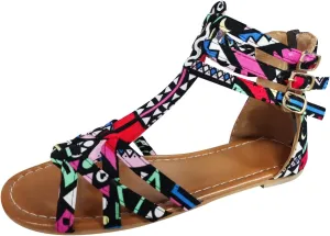 Multicolor Flat White Sandals for Women Peep toe Snakeskin Print Cover Heel Criss Cross Gladiator Buckle Falt 6.5