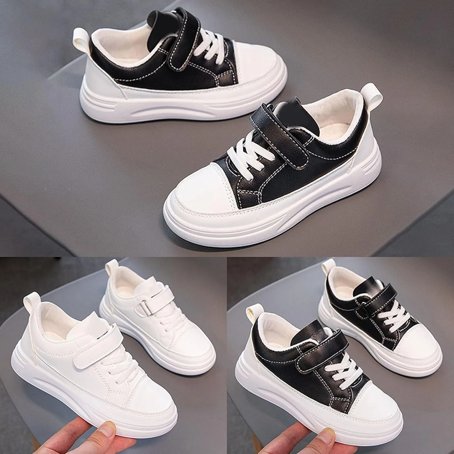 New Leather Rubber Shoes for Boys Girls Lightweight Canvas Shoes Athletic Running Classic Adjustable Strap Sneakers