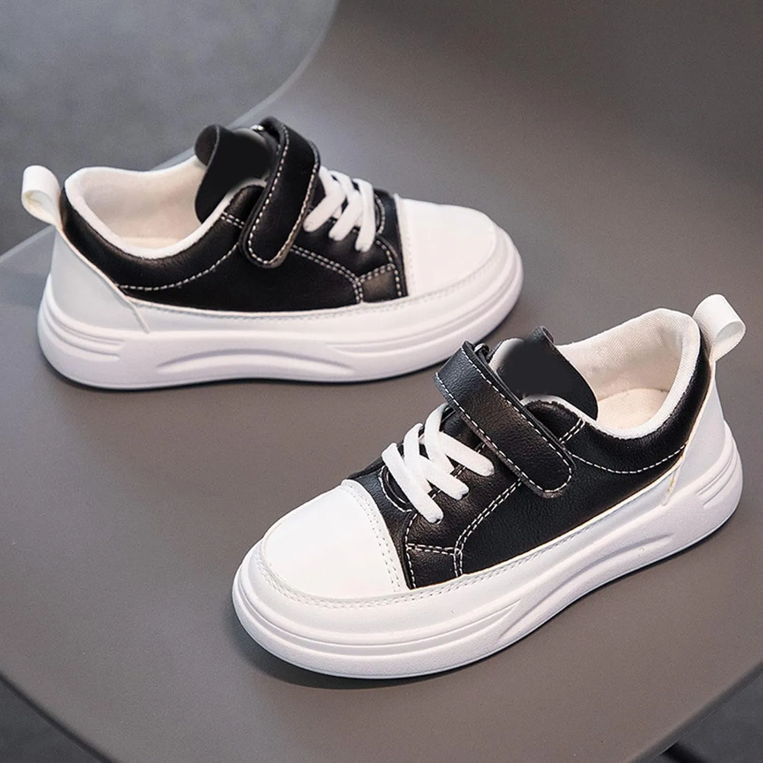 New Leather Rubber Shoes for Boys Girls Lightweight Canvas Shoes Athletic Running Classic Adjustable Strap Sneakers