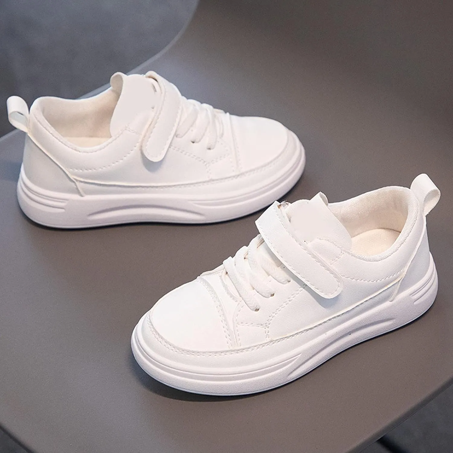 New Leather Rubber Shoes for Boys Girls Lightweight Canvas Shoes Athletic Running Classic Adjustable Strap Sneakers