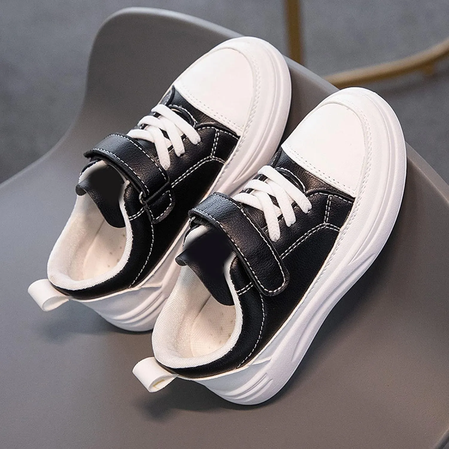 New Leather Rubber Shoes for Boys Girls Lightweight Canvas Shoes Athletic Running Classic Adjustable Strap Sneakers