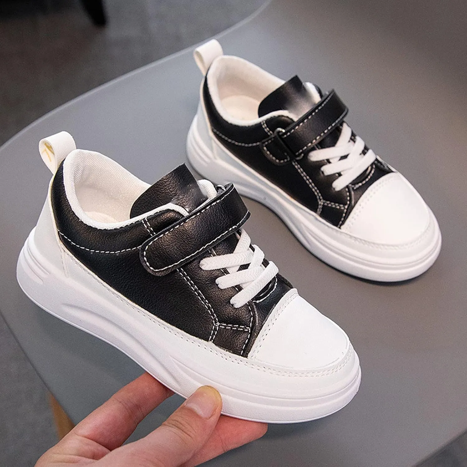 New Leather Rubber Shoes for Boys Girls Lightweight Canvas Shoes Athletic Running Classic Adjustable Strap Sneakers