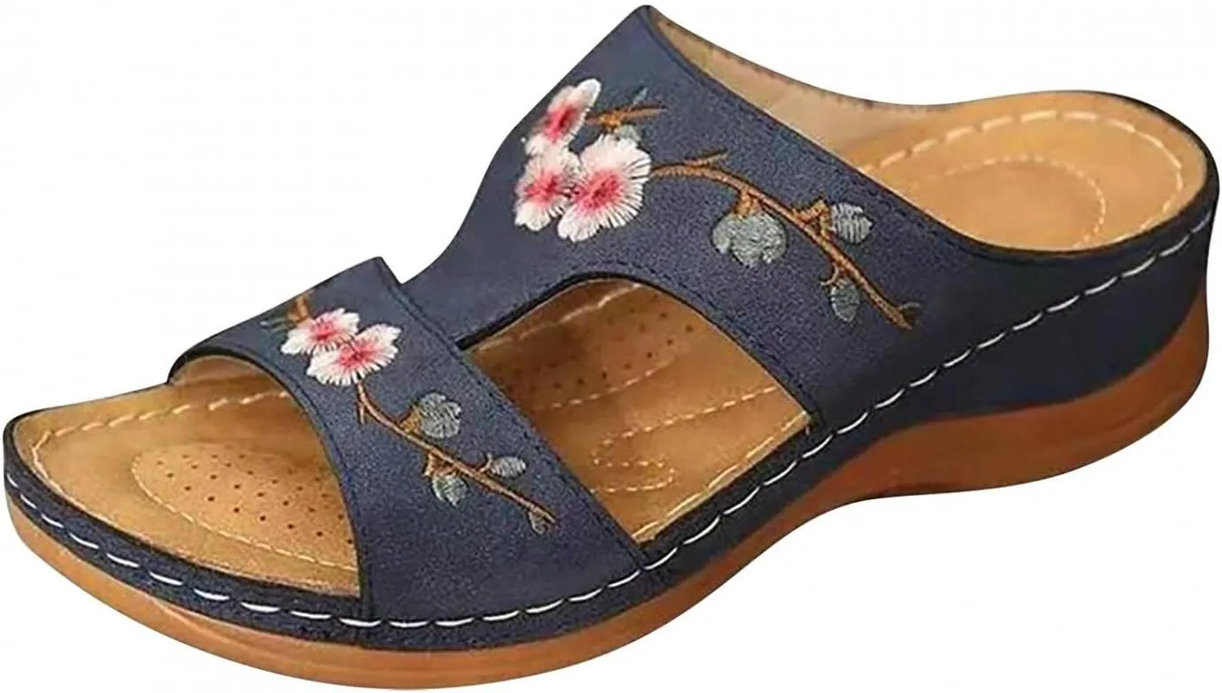 oiangi Women's Sandals Comfortable Wedge Sandals with Arch Support Summer Casual Fish Mouth Open Toe Slip-on Slipper Flower Hollow Platform Slides Flip Flops