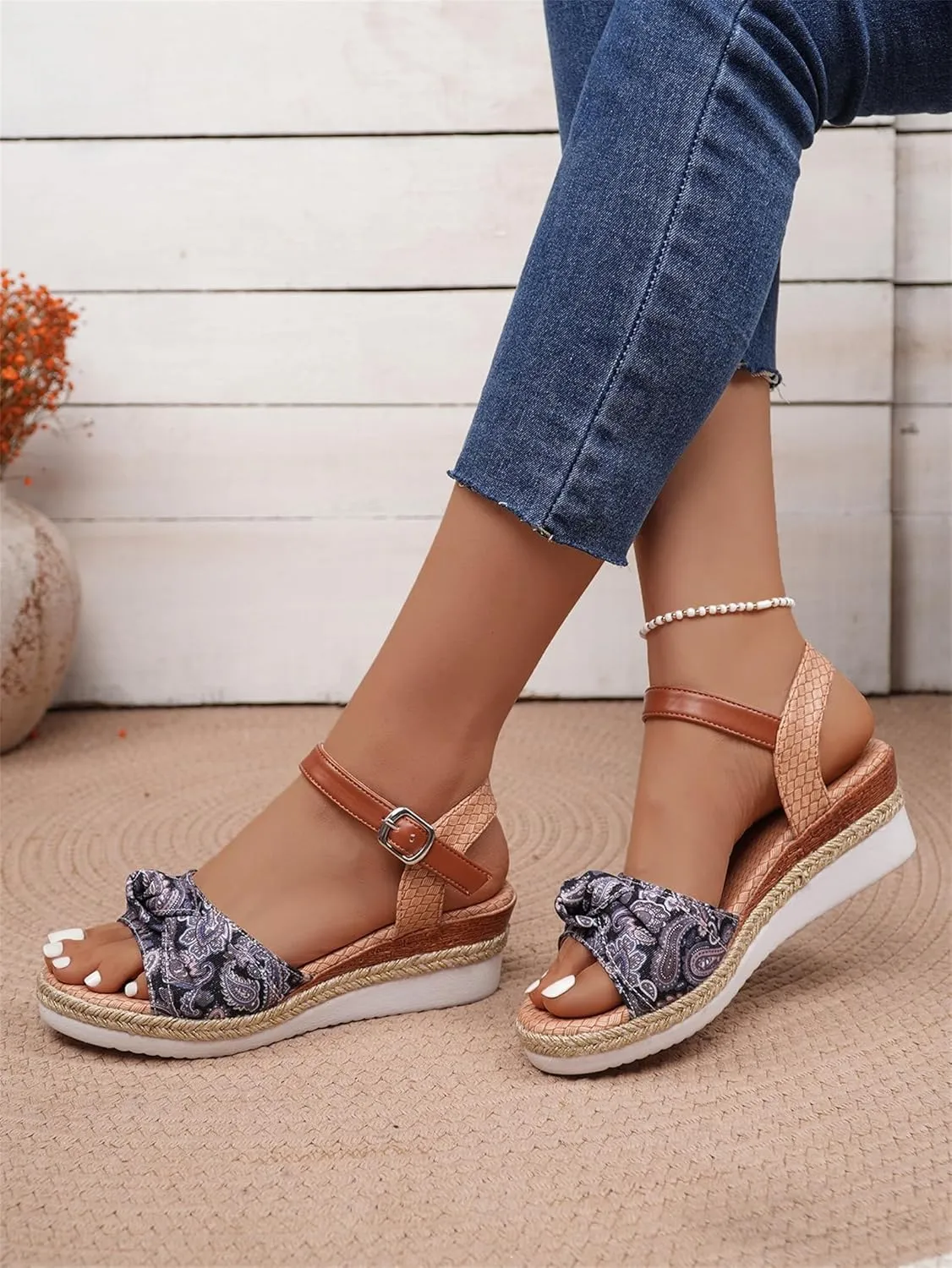Orthopedic Sandals for Women Arch Support Walking Sandals Comfortable Open Toe Buckle Low Wedge Sandal Beach Shoes