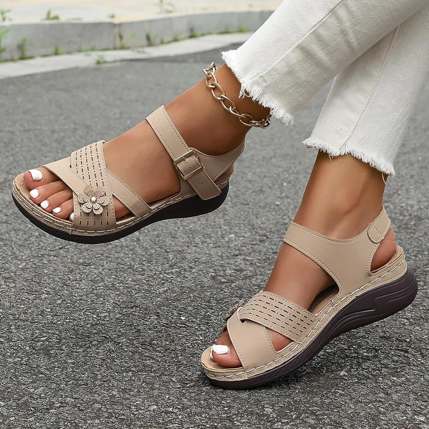Orthopedic Sandals for Women Wide Width Strappy Wedge Sandals with Arch Support Comfortable Platform Slip-On Shoes Orthotic Summer Beach Shoes