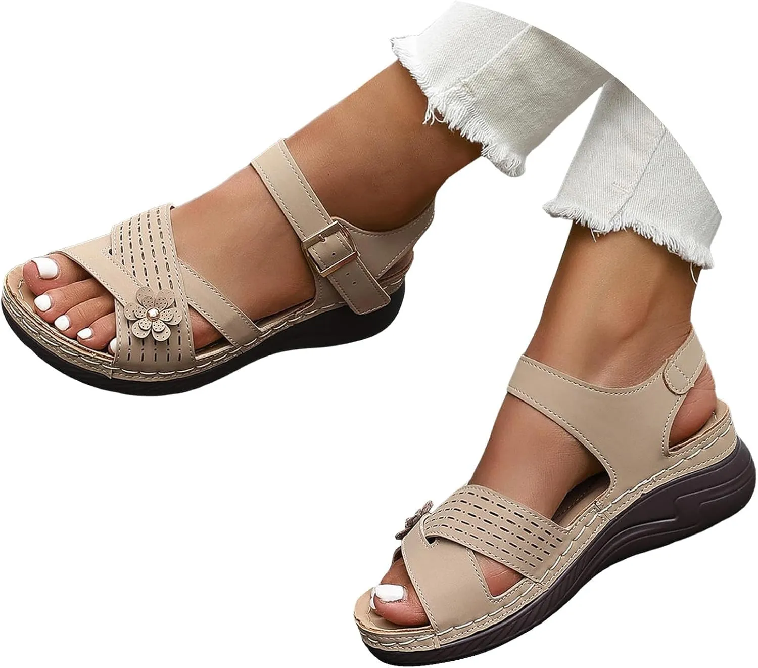 Orthopedic Sandals for Women Wide Width Strappy Wedge Sandals with Arch Support Comfortable Platform Slip-On Shoes Orthotic Summer Beach Shoes