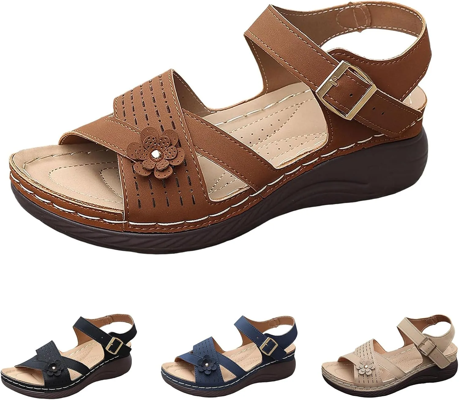 Orthopedic Sandals for Women Wide Width Strappy Wedge Sandals with Arch Support Comfortable Platform Slip-On Shoes Orthotic Summer Beach Shoes