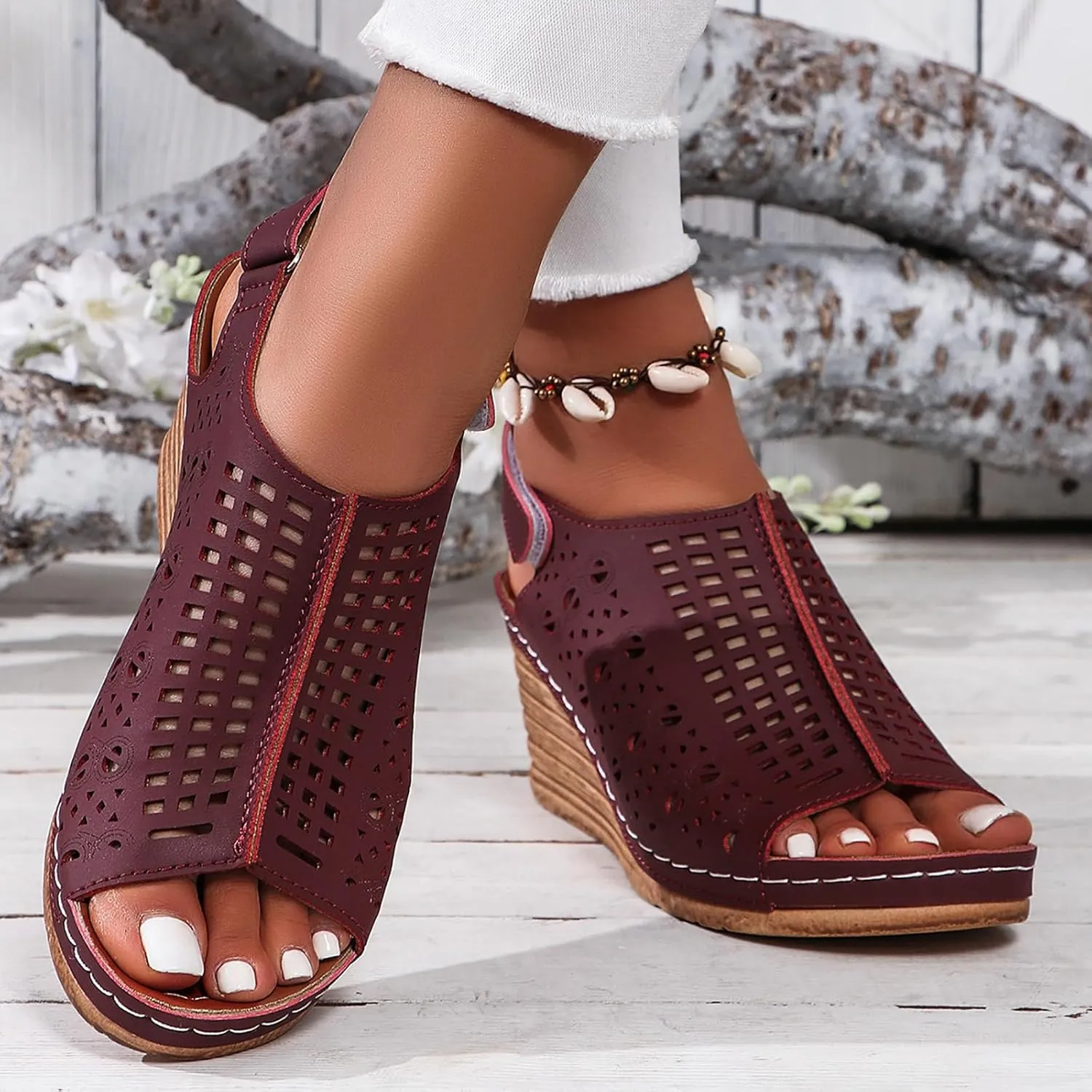 Orthopedic Wedge Sandals for Women Summer Dressy Hollowed Out Wedge Sandal Open Toe Ankle Strap Wedges Beach Rhinestone Sandal Outdoor Shoes