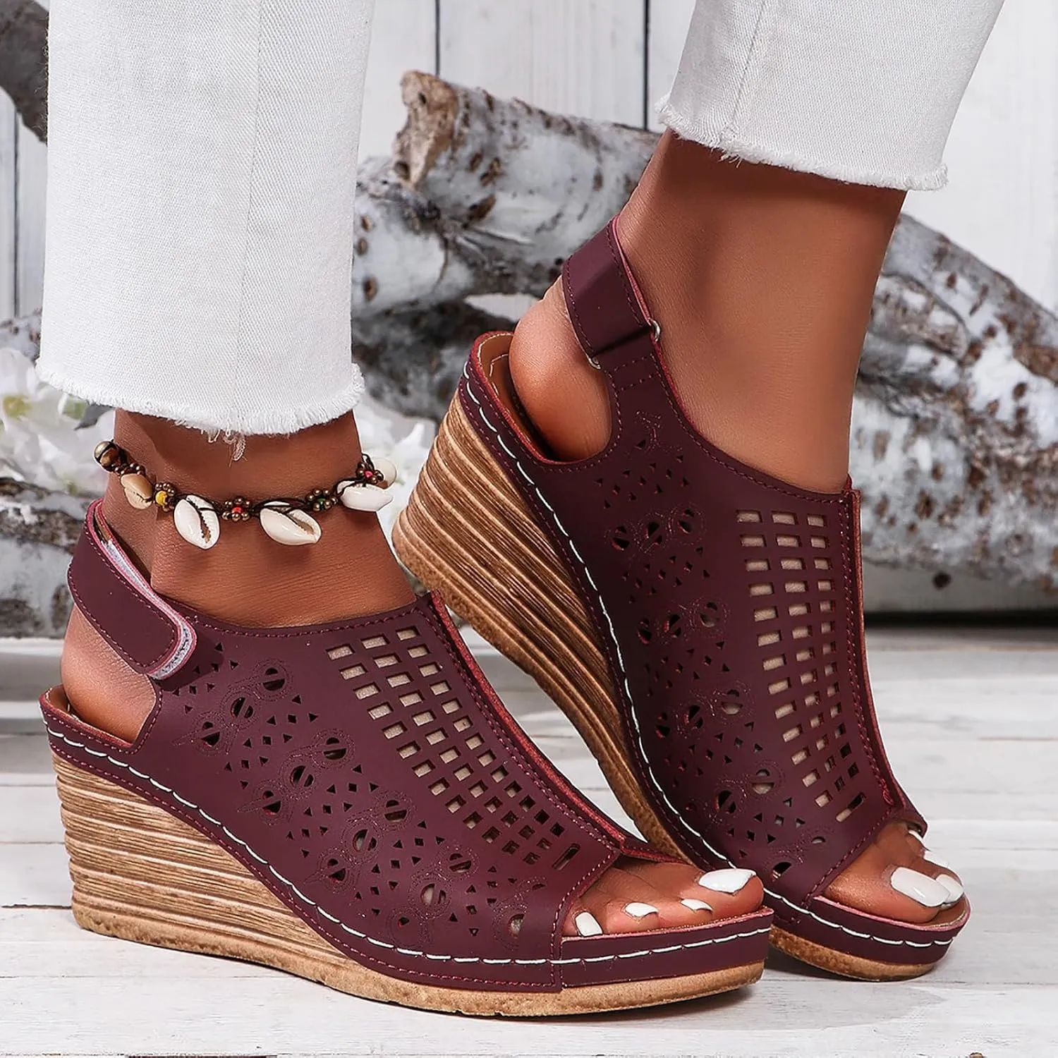 Orthopedic Wedge Sandals for Women Summer Dressy Hollowed Out Wedge Sandal Open Toe Ankle Strap Wedges Beach Rhinestone Sandal Outdoor Shoes