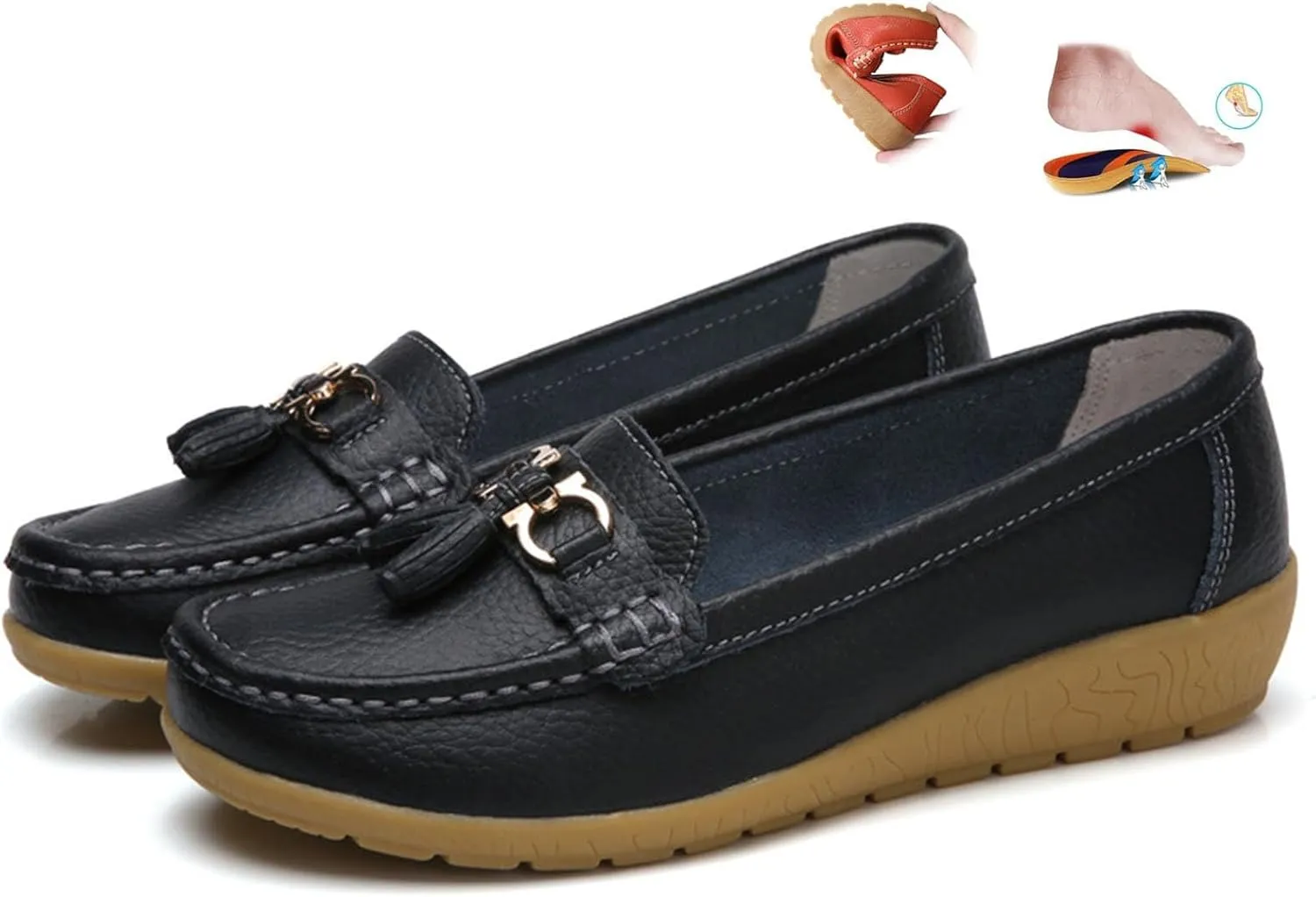 Orthopedic Women Breathable Leather Loafers Slip On Comfortable Walking Shoes for Work Casual Wear with Arch