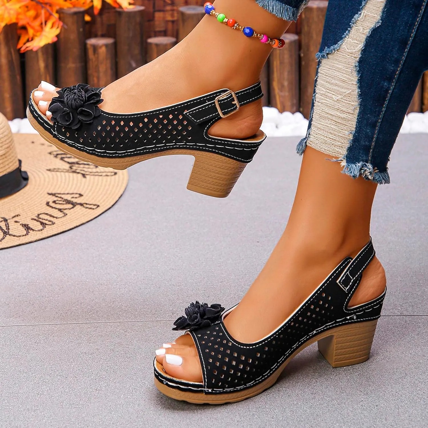 Peep Toe Wedges Heels for Women Leathers Low Heels Sandals Hollow Out Open Toe Breathable Shoes Slingback Casual Beach Shoes