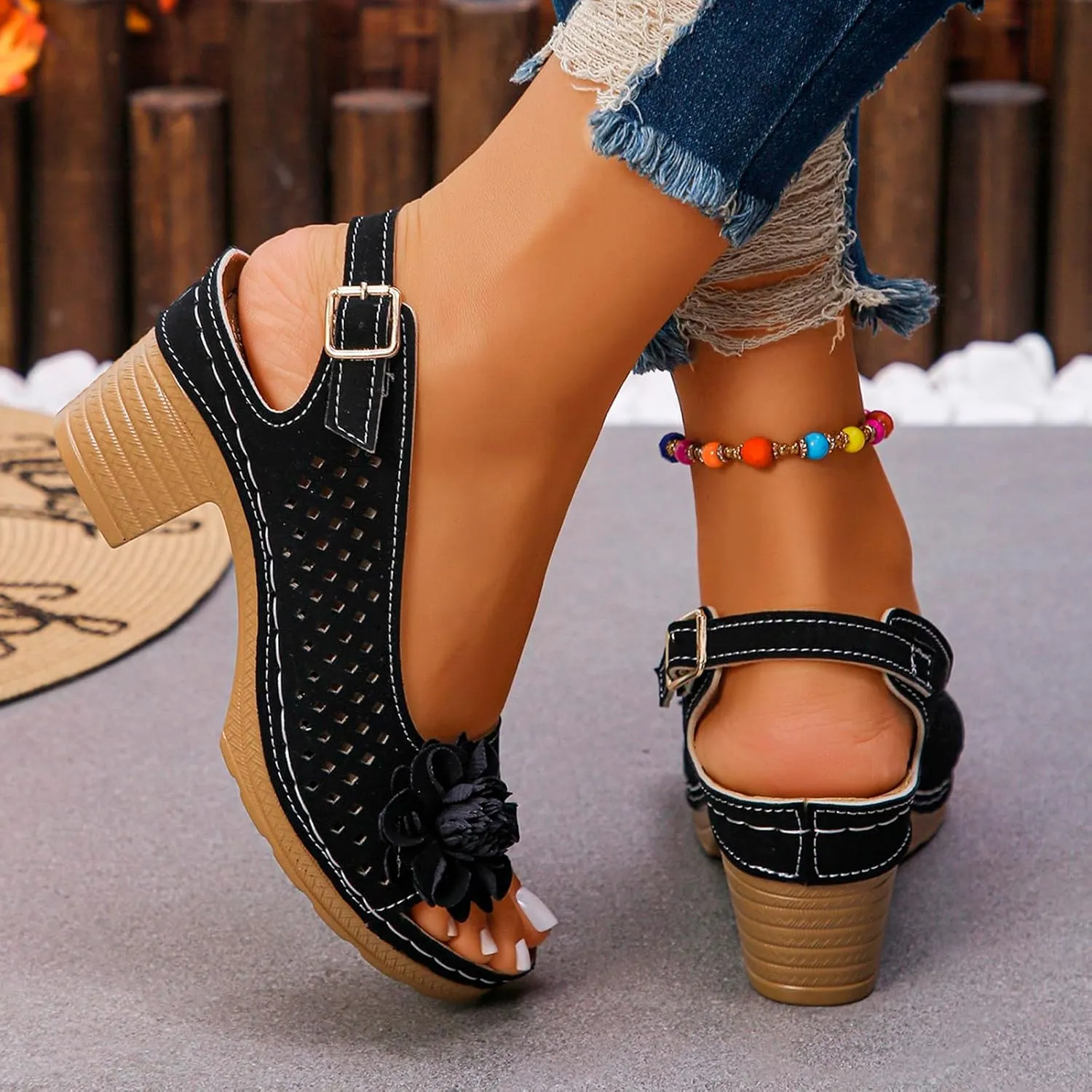 Peep Toe Wedges Heels for Women Leathers Low Heels Sandals Hollow Out Open Toe Breathable Shoes Slingback Casual Beach Shoes