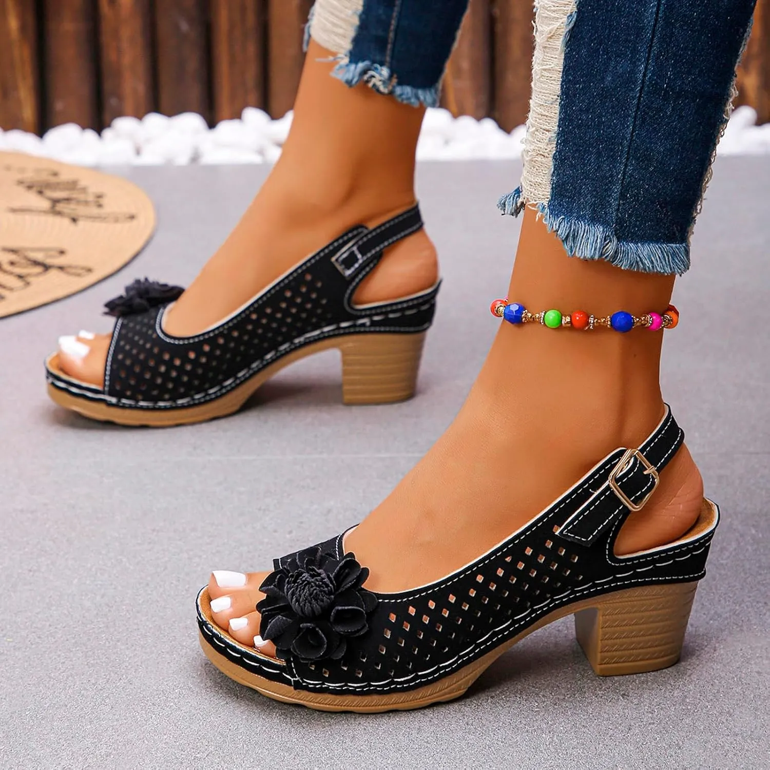 Peep Toe Wedges Heels for Women Leathers Low Heels Sandals Hollow Out Open Toe Breathable Shoes Slingback Casual Beach Shoes