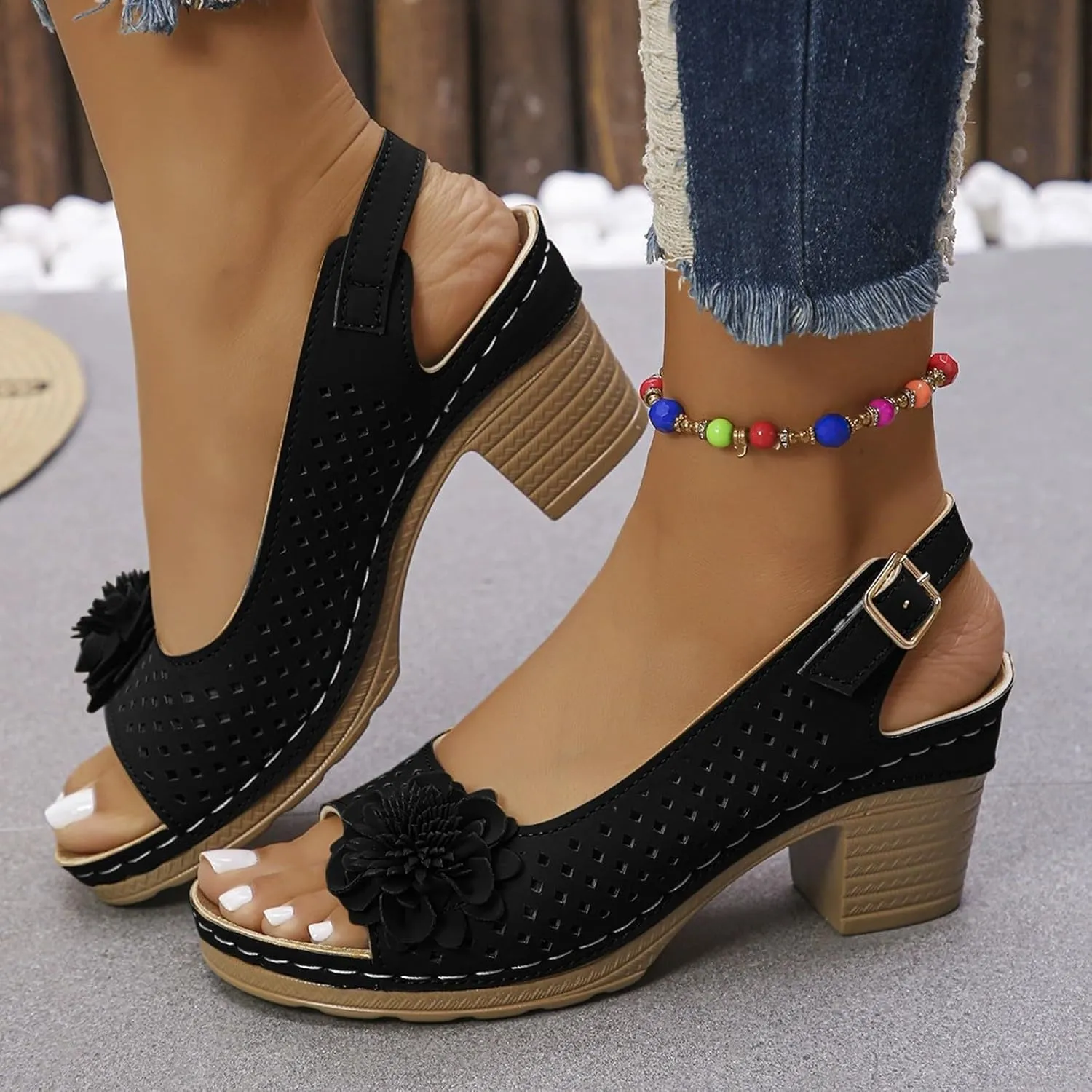 Peep Toe Wedges Heels for Women Leathers Low Heels Sandals Hollow Out Open Toe Breathable Shoes Slingback Casual Beach Shoes