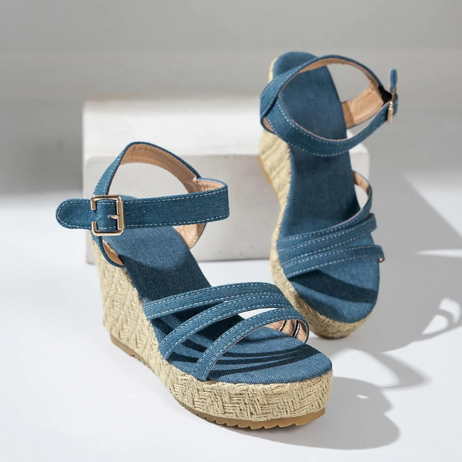 Platform Sandals Elastic Ankle Strap Wedges Sandals Summer Platform Comfortable Low Wedges Womens Sandal