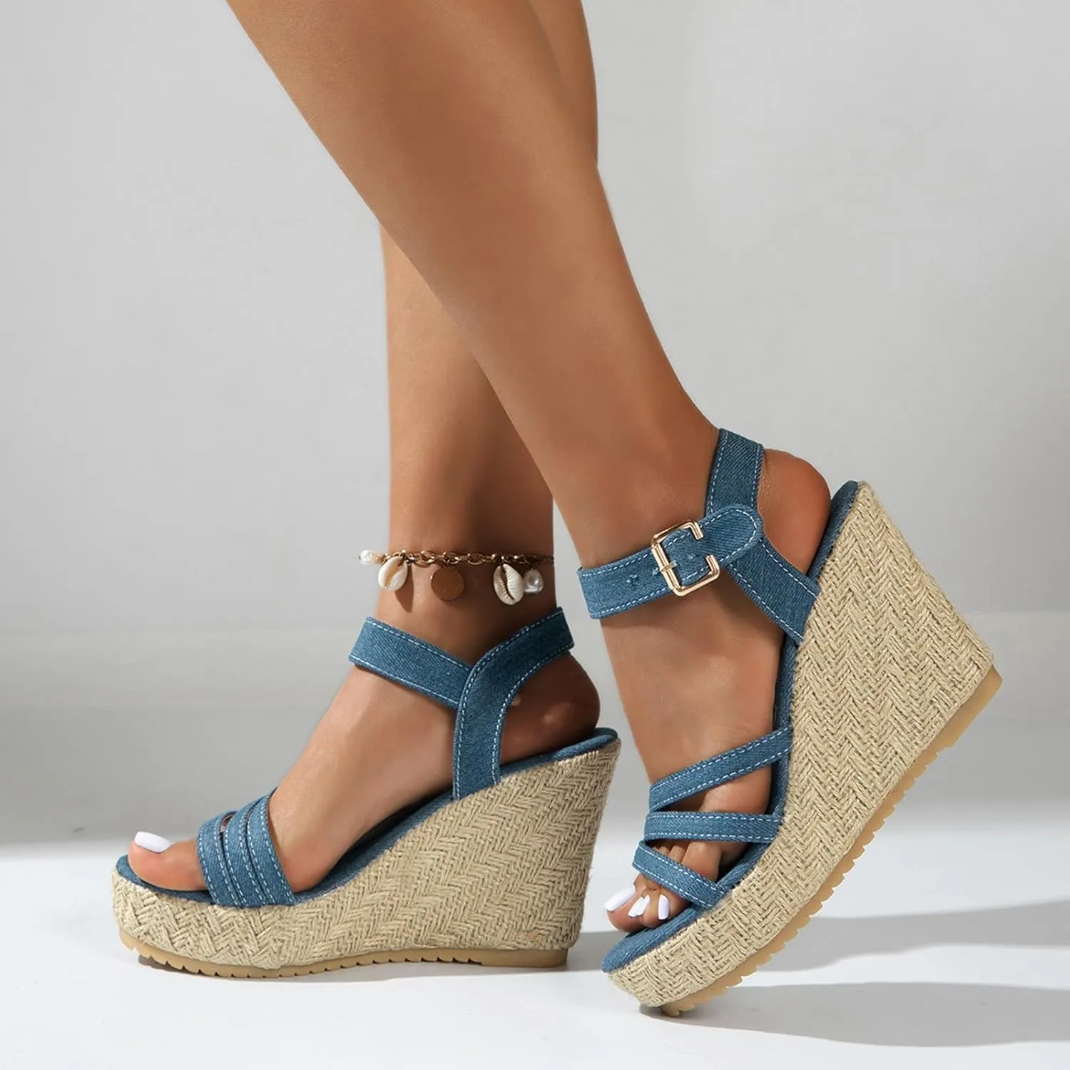 Platform Sandals Elastic Ankle Strap Wedges Sandals Summer Platform Comfortable Low Wedges Womens Sandal