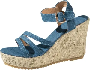 Platform Sandals Elastic Ankle Strap Wedges Sandals Summer Platform Comfortable Low Wedges Womens Sandal
