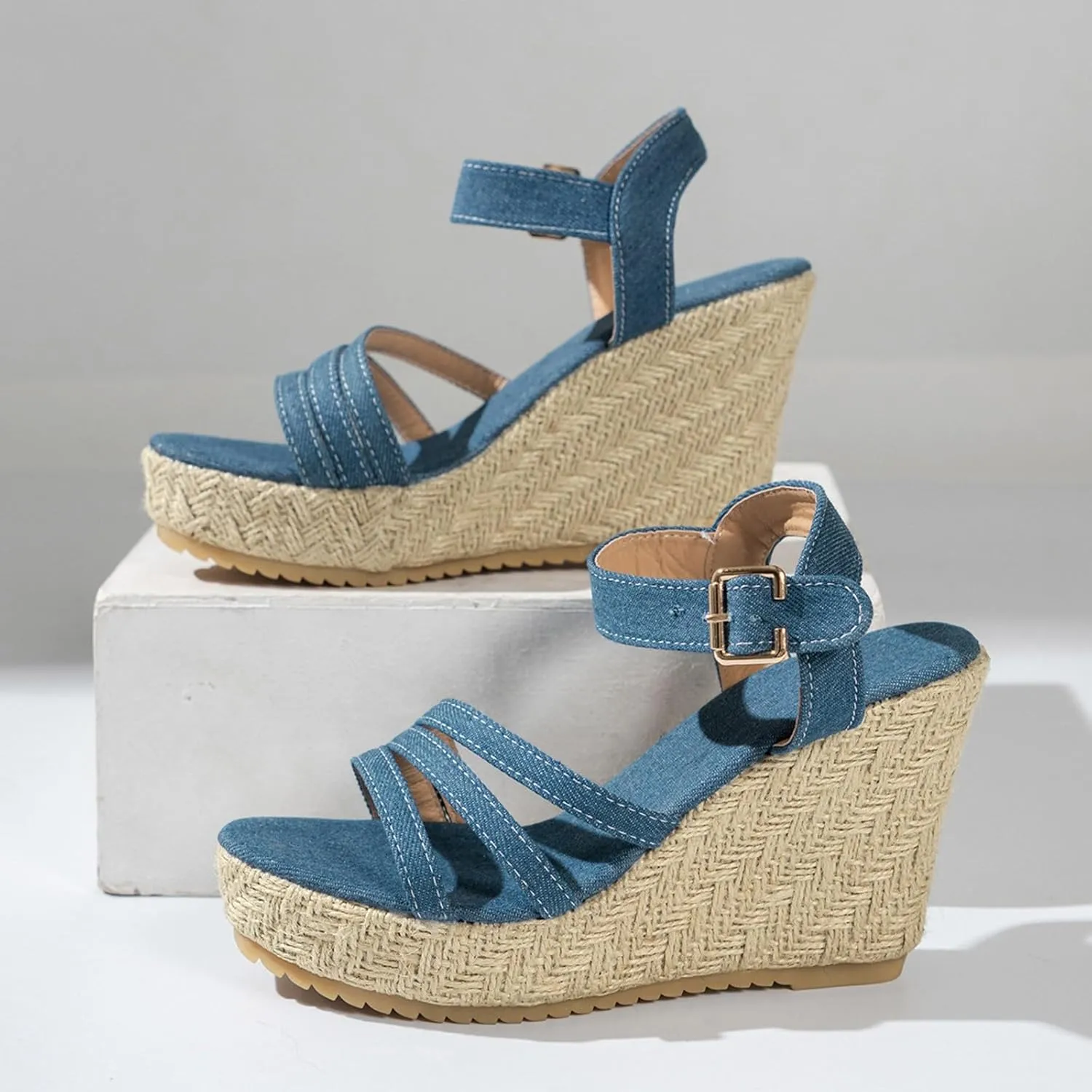 Platform Sandals Elastic Ankle Strap Wedges Sandals Summer Platform Comfortable Low Wedges Womens Sandal