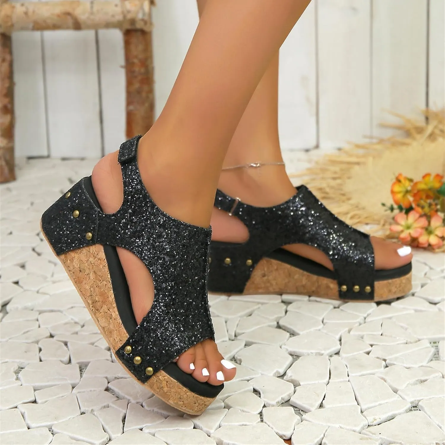 Platform Sandals Women Dressy Comfy Open Toe Ankle Strap Casual Flatform Wedge Sandals Sparkly Rhinestone Summer Dress Shoes