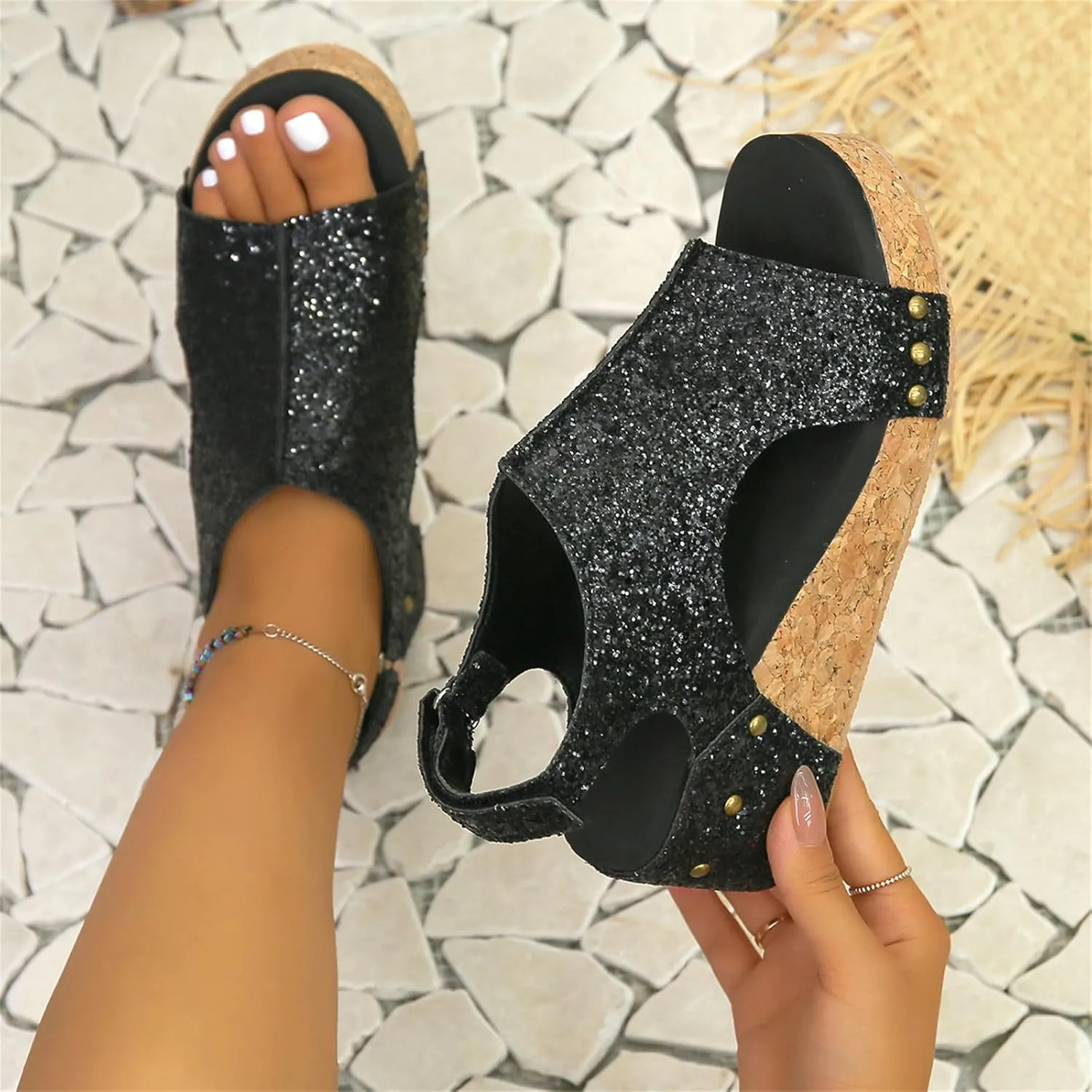Platform Sandals Women Dressy Comfy Open Toe Ankle Strap Casual Flatform Wedge Sandals Sparkly Rhinestone Summer Dress Shoes