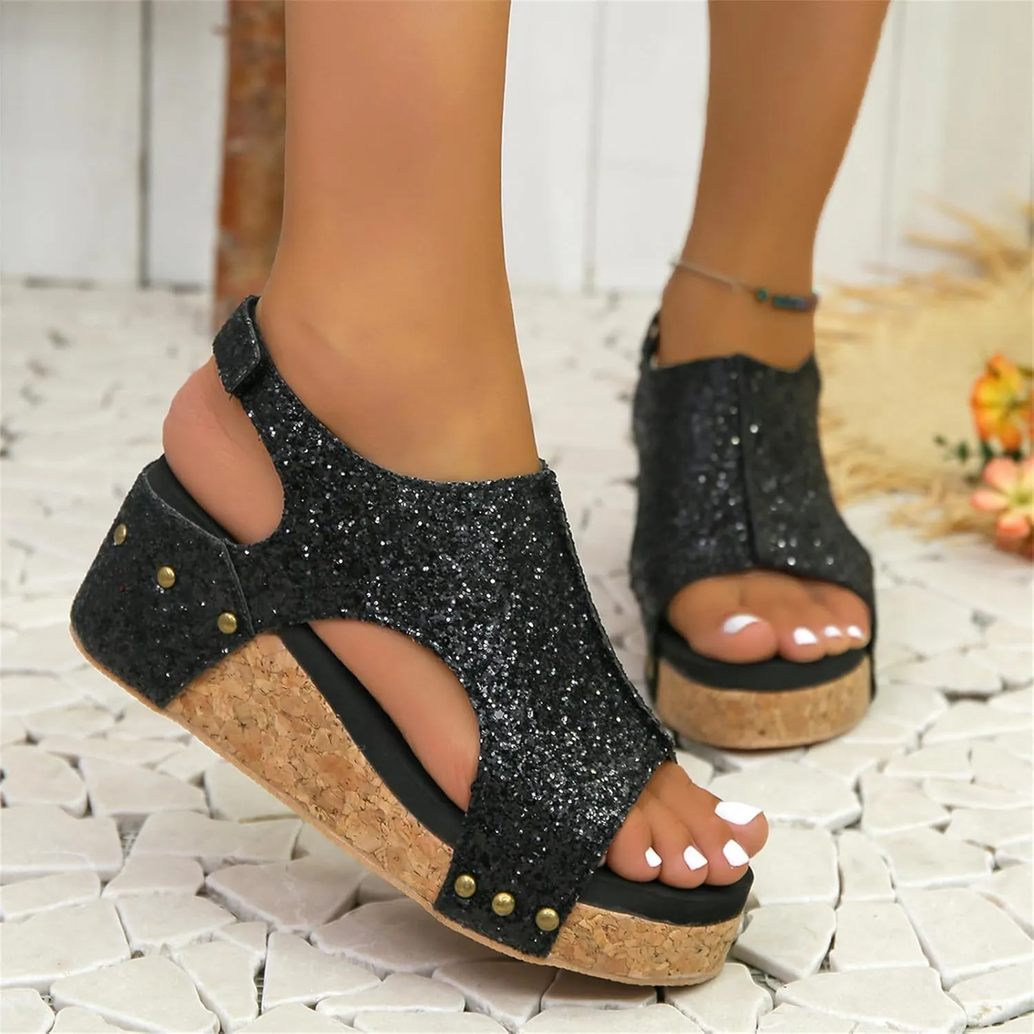 Platform Sandals Women Dressy Comfy Open Toe Ankle Strap Casual Flatform Wedge Sandals Sparkly Rhinestone Summer Dress Shoes