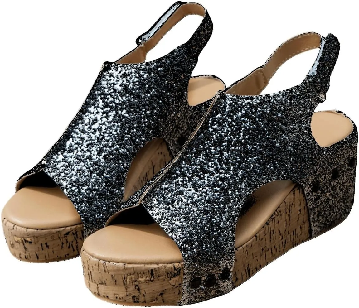 Platform Sandals Women Dressy Comfy Open Toe Ankle Strap Casual Flatform Wedge Sandals Sparkly Rhinestone Summer Dress Shoes