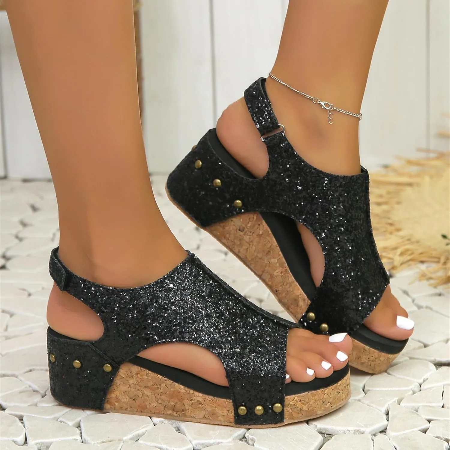 Platform Sandals Women Dressy Comfy Open Toe Ankle Strap Casual Flatform Wedge Sandals Sparkly Rhinestone Summer Dress Shoes