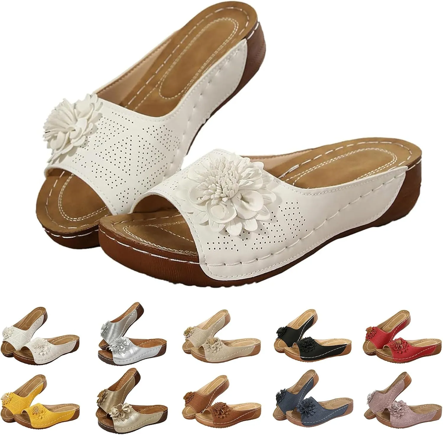 Platform Sandals Women Summer Beach Sandals Fashion Flower Fish Mouth Open Toe Leather Mesh Comfy Wedge Sandal Low Open Toe Slides Ladies Dressy Slipper Shoes