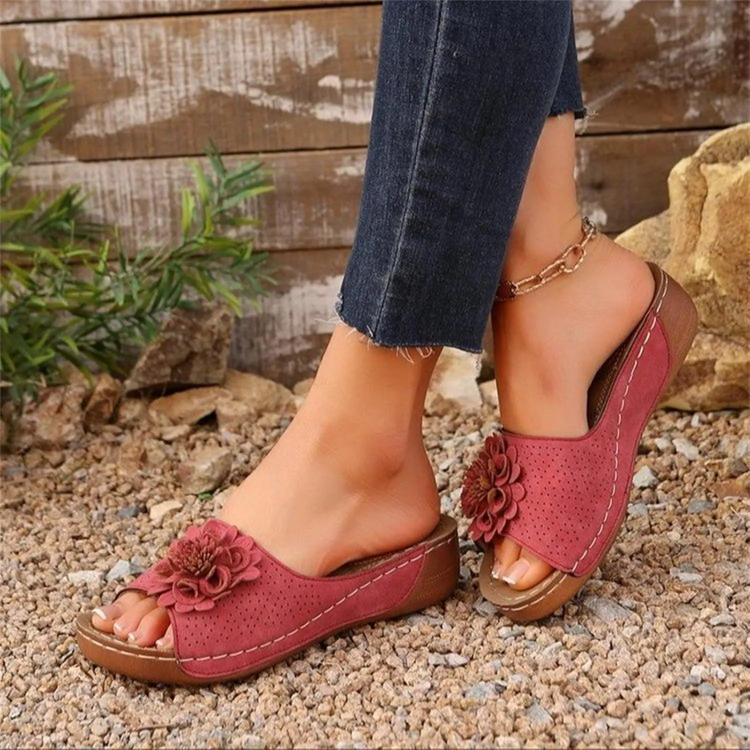 Platform Sandals Women Summer Beach Sandals Fashion Flower Fish Mouth Open Toe Leather Mesh Comfy Wedge Sandal Low Open Toe Slides Ladies Dressy Slipper Shoes