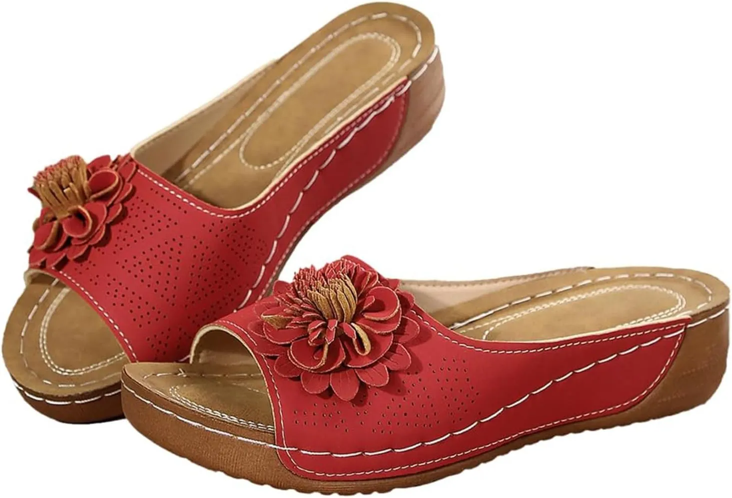 Platform Sandals Women Summer Beach Sandals Fashion Flower Fish Mouth Open Toe Leather Mesh Comfy Wedge Sandal Low Open Toe Slides Ladies Dressy Slipper Shoes