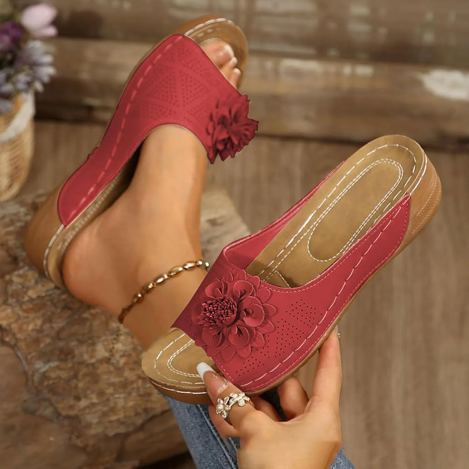 Platform Sandals Women Summer Beach Sandals Fashion Flower Fish Mouth Open Toe Leather Mesh Comfy Wedge Sandal Low Open Toe Slides Ladies Dressy Slipper Shoes