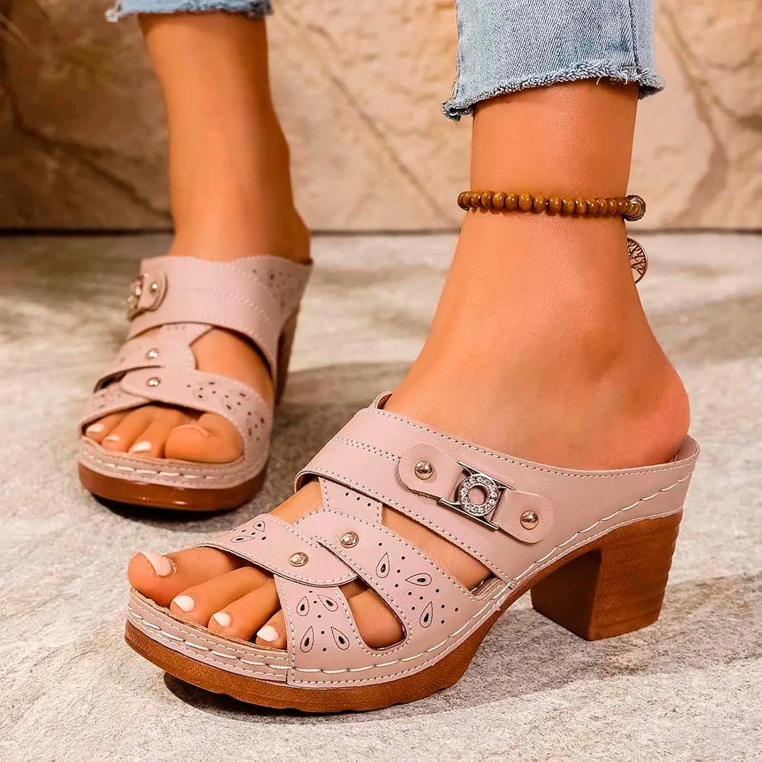Platform Wedge Sandals for Women Single Strap Metal Buckle Adjustable Chunky Heel Summer Comfortable Slip On Sandals