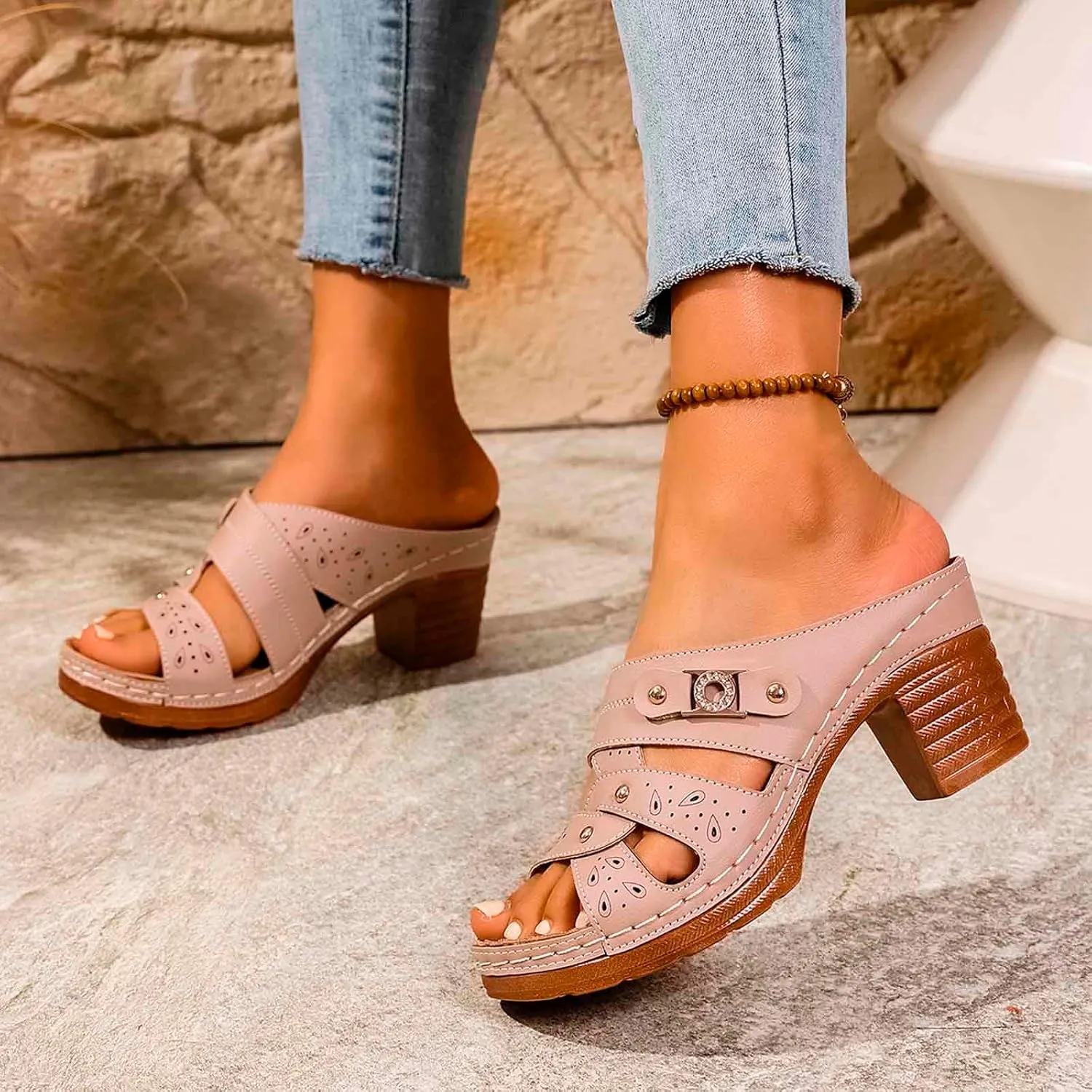 Platform Wedge Sandals for Women Single Strap Metal Buckle Adjustable Chunky Heel Summer Comfortable Slip On Sandals