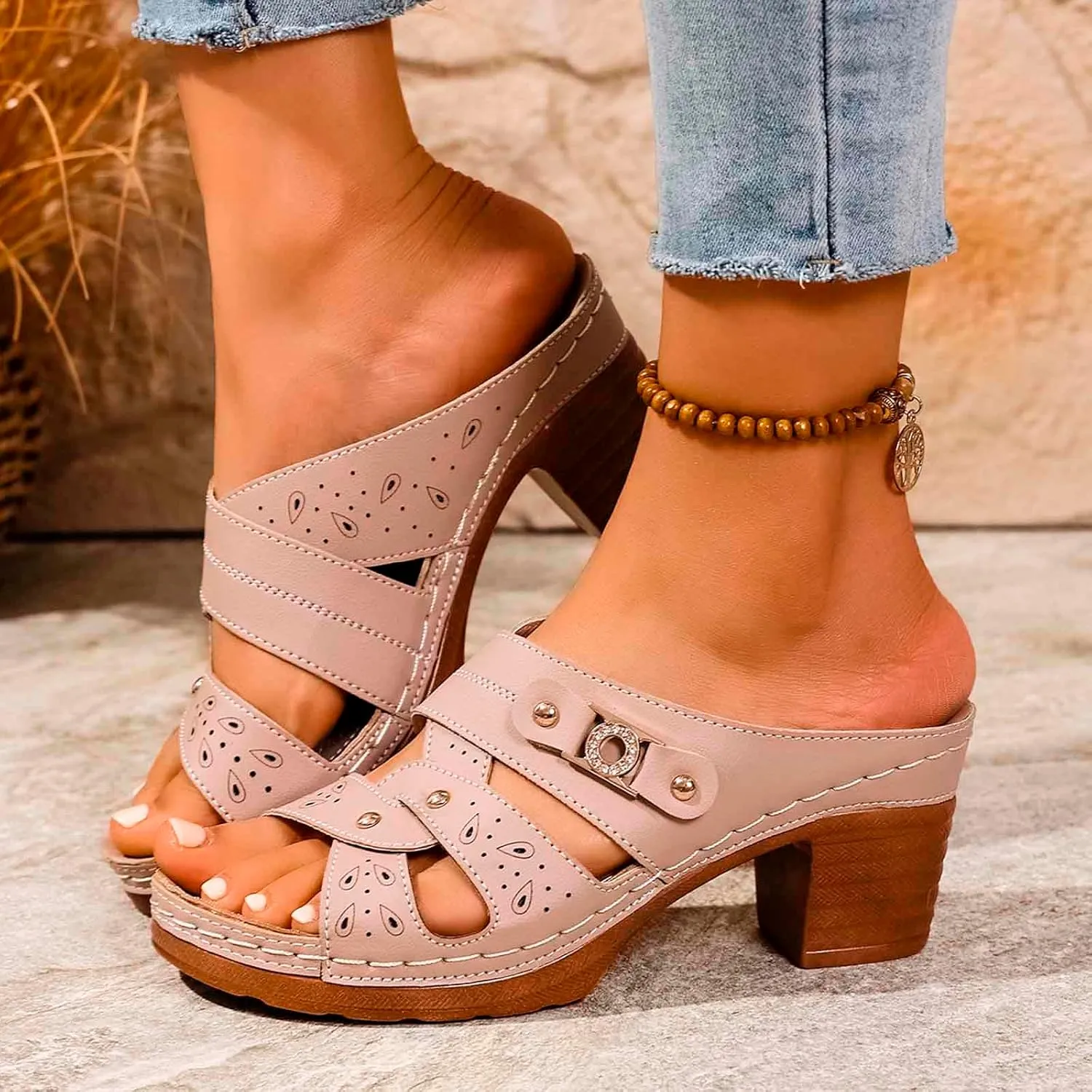 Platform Wedge Sandals for Women Single Strap Metal Buckle Adjustable Chunky Heel Summer Comfortable Slip On Sandals