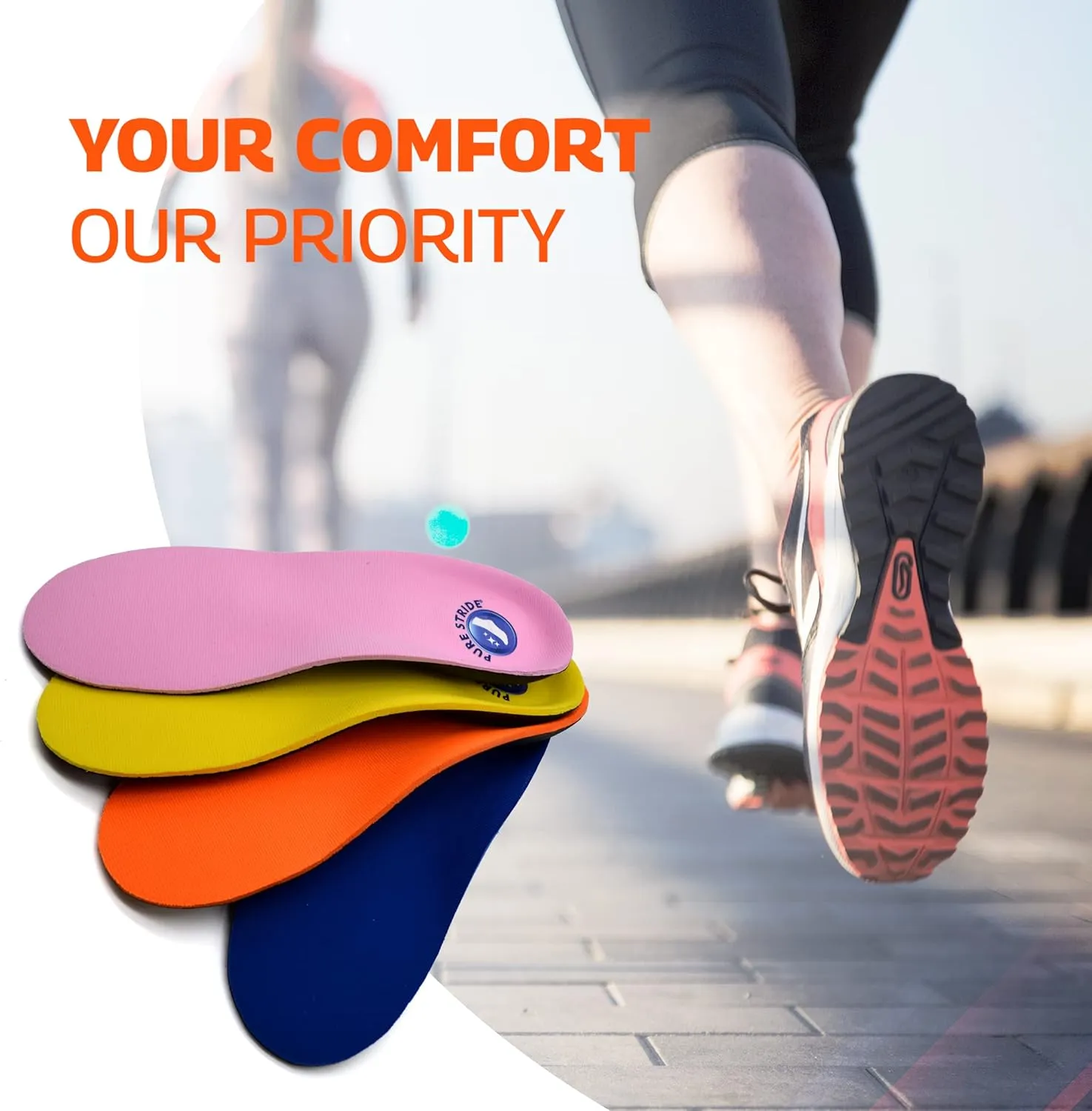Pure Stride Bold Professional Full Length Orthotics - Shoe Support for Metatarsals, High Arch, Flat Feet - Pain Relief for Plantar Fasciitis, Arch, Heel - 1 Pair, Men's 14-15, Bold Orange