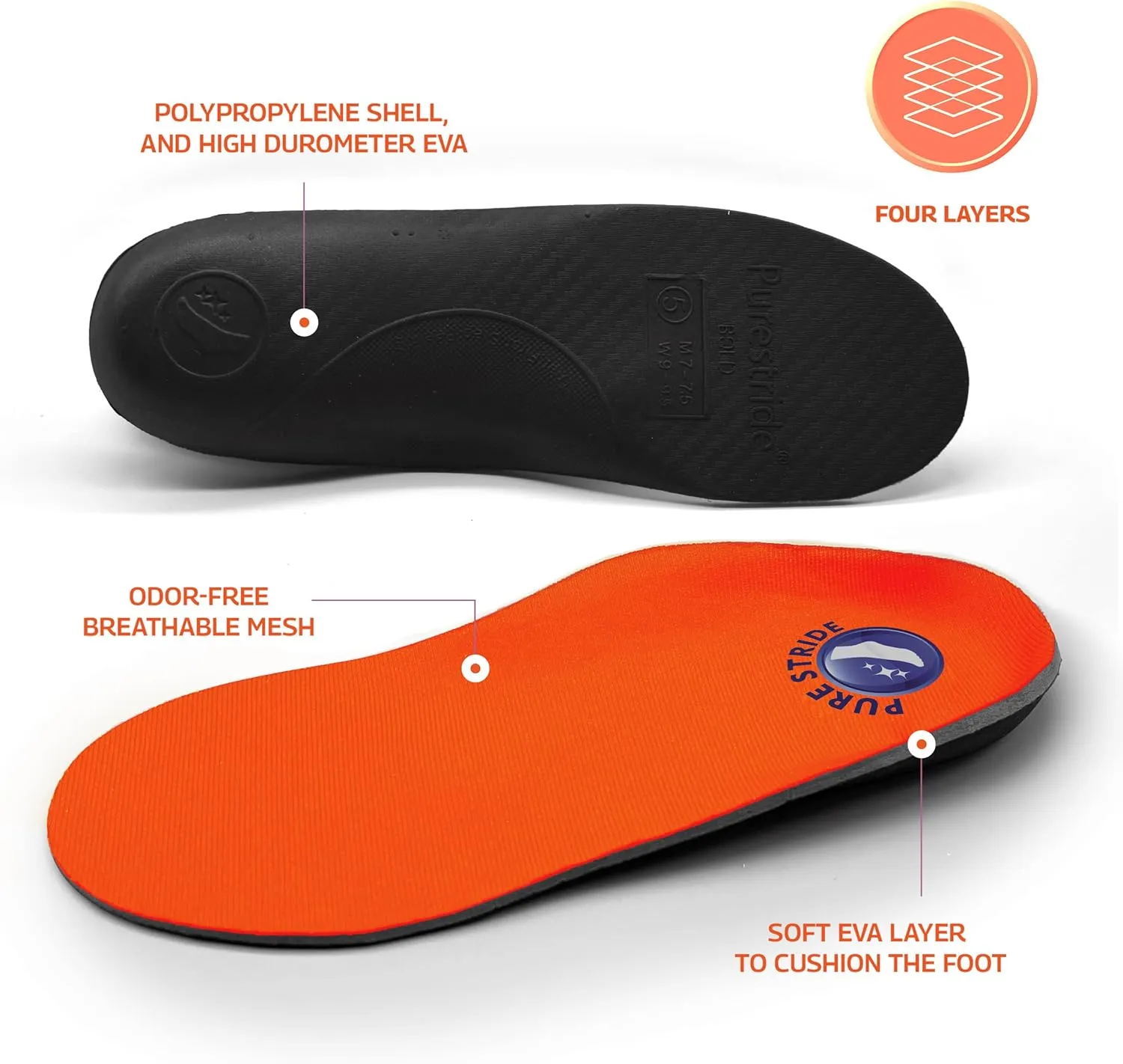 Pure Stride Bold Professional Full Length Orthotics - Shoe Support for Metatarsals, High Arch, Flat Feet - Pain Relief for Plantar Fasciitis, Arch, Heel - 1 Pair, Men's 14-15, Bold Orange